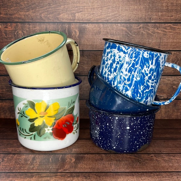 Vintage enamel mug collection - blue marble, floral, ivory and green