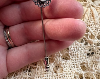 Vintage moonstone and silver tone stick pin - gorgeous milky white cabochon