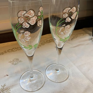Pair of Perrier Jouet hand painted champagne flutes  1960s