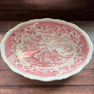 Woods Burslem Seaforth pink (red) transferware vegetable bowl - 10 inch oval