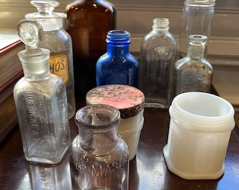 Vintage apothecary bottles - sold individually or as a group - milk glass - clear glass - blue glass