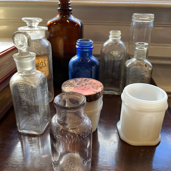 Vintage apothecary bottles - sold individually or as a group - milk glass - clear glass - blue glass