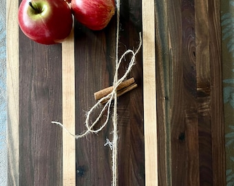 Hand crafted charcuterie boards - black walnut - oak - solid - handles - stripes - artisan - holiday gifts