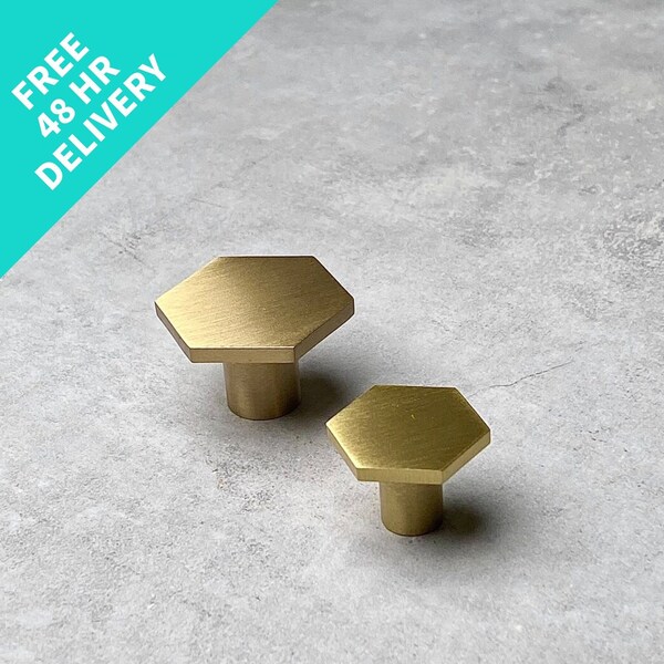 Hexagon Brass Handles | Knobs | Sleek & Minimalist Design | For Cabinets | Kitchen Drawers | Dressers | Wardrobes | Furniture | Gold | UK