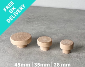 Scandi Beech Wood Knobs | Round Flat Unfinished Wooden Cupboard, Cabinet, Drawer Pulls | UK