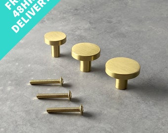 Solid Brushed Brass Knobs | Modern Cupboard, Cabinet, Drawer Pulls | UK
