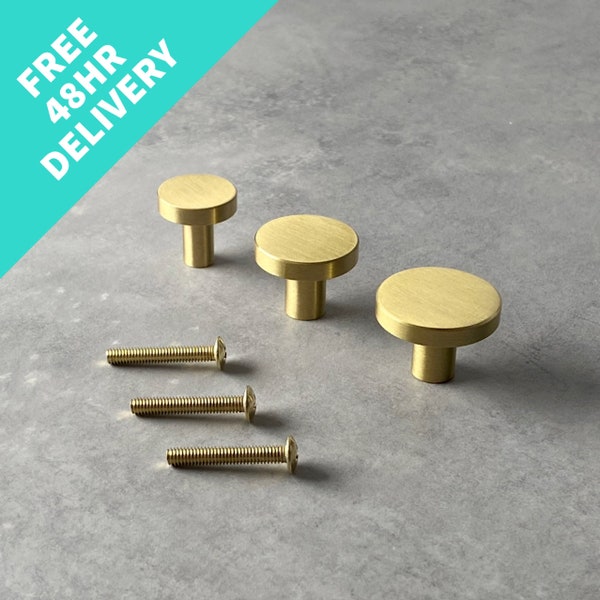 Brass Knobs | Round Modern & Minimalist Pulls | Handles | Gold | Sleek Flat Design | For Drawers | Cabinets | Wardrobe | Doors | Kitchen UK