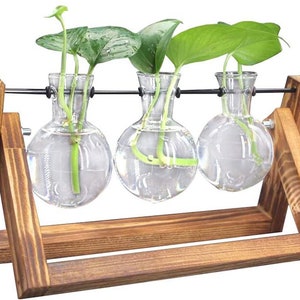 Hydroponic Bulb Vases Plant Terrarium Bulbs Minimalist Vintage Industrial Design Water Planting Tubes Desktop Xmas Gifts UK 3 Piece V2 (Wood)