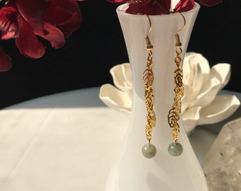 Dangle earrings with jade and gold plated leaves.