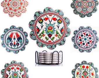 COASTERS: Bohemian Mediterranean Style Ottoman floral Absorbent Ceramic Drink Coasters Set of 6