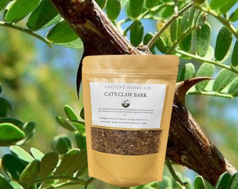 K&ouml;nnte beinhalten: Ein brauner Papierbeutel mit einem wei&szlig;en Etikett, auf dem "ANCIENT HERBS CO. CAT'S CLAW BARK" steht. Der Beutel enth&auml;lt getrocknete Kr&auml;uter. Der Beutel befindet sich vor einer gr&uuml;nen Pflanze mit Dornen.