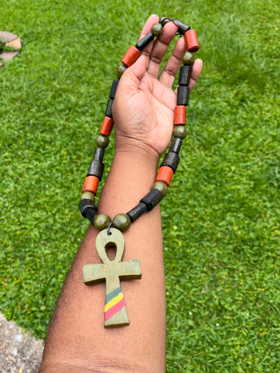 Handcrafted EGYPTIAN ANKH Tree of Life Wood Bead Necklace | Green Ankh ...