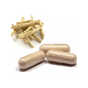 May include: Three capsules of a light brown color, with a clear outer shell. The capsules are arranged in a row on a white surface. A pile of dried, light brown, root-like pieces are shown in the background.