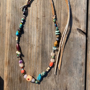 Energetic Gemstone+Beads+Hide American Indian/Boho Slide Necklace