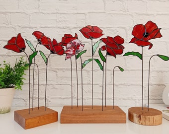 Stained Glass Everlasting Red Poppy Flowers Suncatcher Single Three or Five Poppies, Stained Glass Poppy Flower Table Window Home Decor