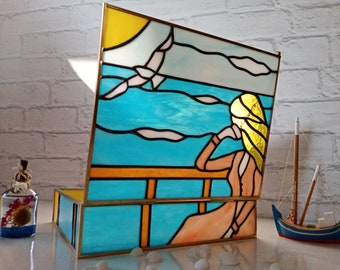 Stained Glass Blue Color Box, Stained Glass Jewelry Storage Box, Girl on the Pier, Memories Keepsake Box, Stained Glass Girl, Gift for Her