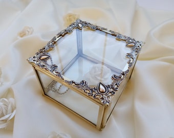 Gold Brass Framed Glass Ring Box: Wedding Engagement Jewelry Box