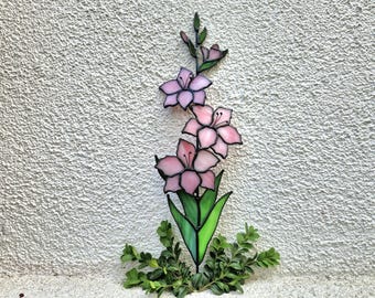 Stained Glass Pink Gladiolus Flower Suncatcher: August Birth Flower Decor