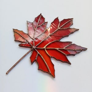 May include: A stained glass maple leaf with a copper frame. The leaf is red with orange and yellow hues.