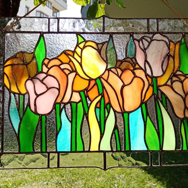 Stained Glass Tulip Flower Panel, Stained Glass Peach Nude Yellow Pink Color Tulips Suncatcher, Stained Glass Tulip Window Hanging