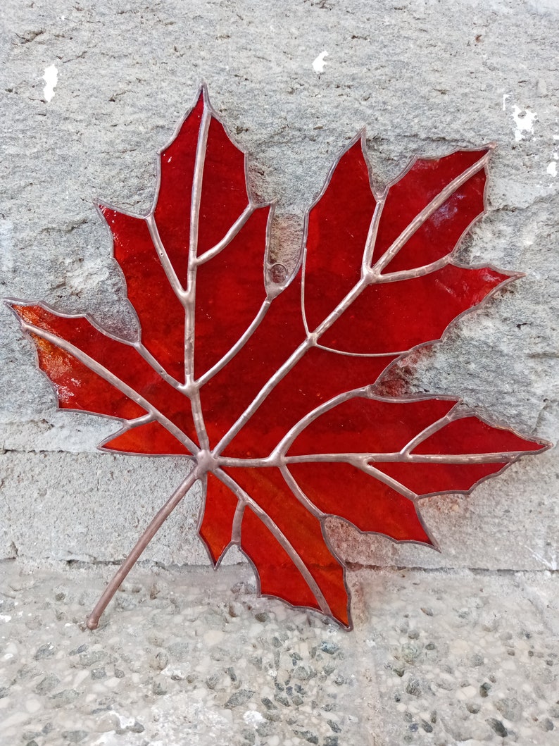 May include: A red stained glass maple leaf with a copper wire frame. The leaf is hanging on a gray concrete wall.