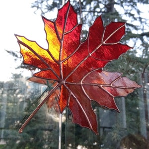 May include: A stained glass maple leaf with red and orange hues. The leaf is hanging in a window with a blurred background of trees.