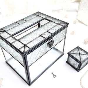 Wedding Card & Money Box with Card Slot and Lock, Stained Glass Lockable Wedding Box, Black Color Metal Framed Card Box, Wedding Ceremony