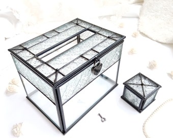 Wedding Card & Money Box with Card Slot and Lock, Stained Glass Lockable Wedding Box, Black Color Metal Framed Card Box, Wedding Ceremony