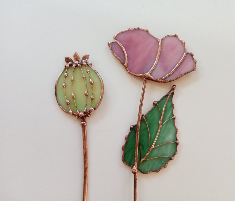 Stained Glass Opium Poppy Bouquet: Pink & Green Table Decor image 4
