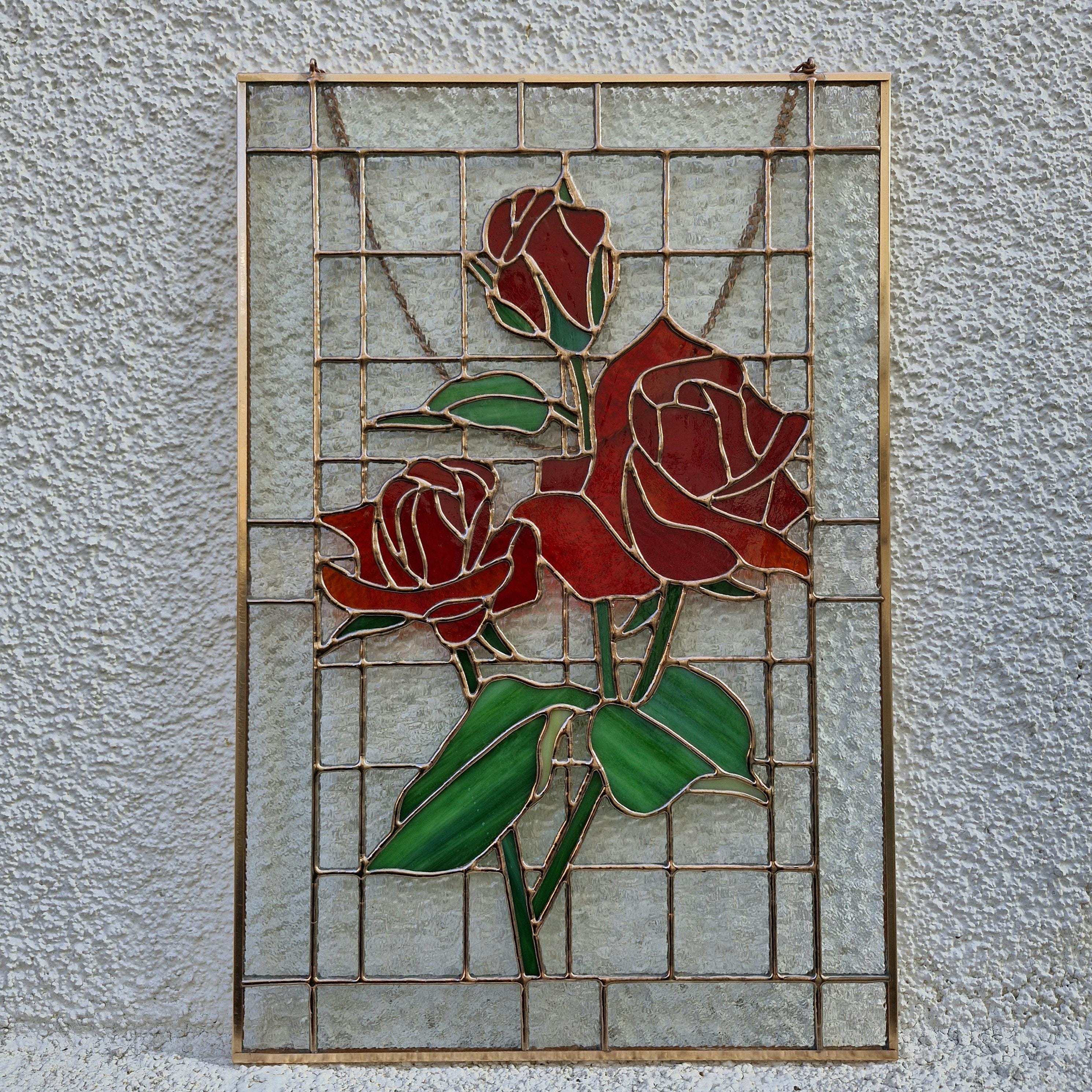 Stained Glass Rose Flower Panel, Stained Glass Red Roses Suncatcher ...