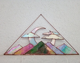 Stained Glass Mountains Moon Clouds Landscape Panel, Stained Glass Mountains Moon Clouds Hanging Suncatcher, Mountains Moon Clouds Decor