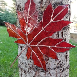 May include: A red stained glass maple leaf with copper veins, mounted on a tree trunk.
