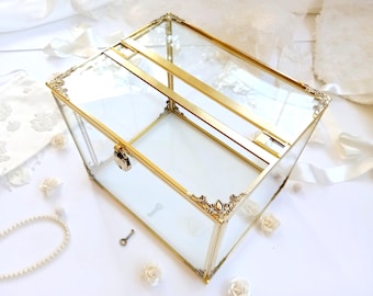 Rustic Gold Glass Wedding Card Box with Lock & Card Slot