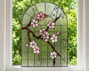 Cherry Blossom Flower Branch Stained Glass Pink Tiffany Style Panel Suncatcher, Sakura Window Wall Hanging Home Decor, Gift