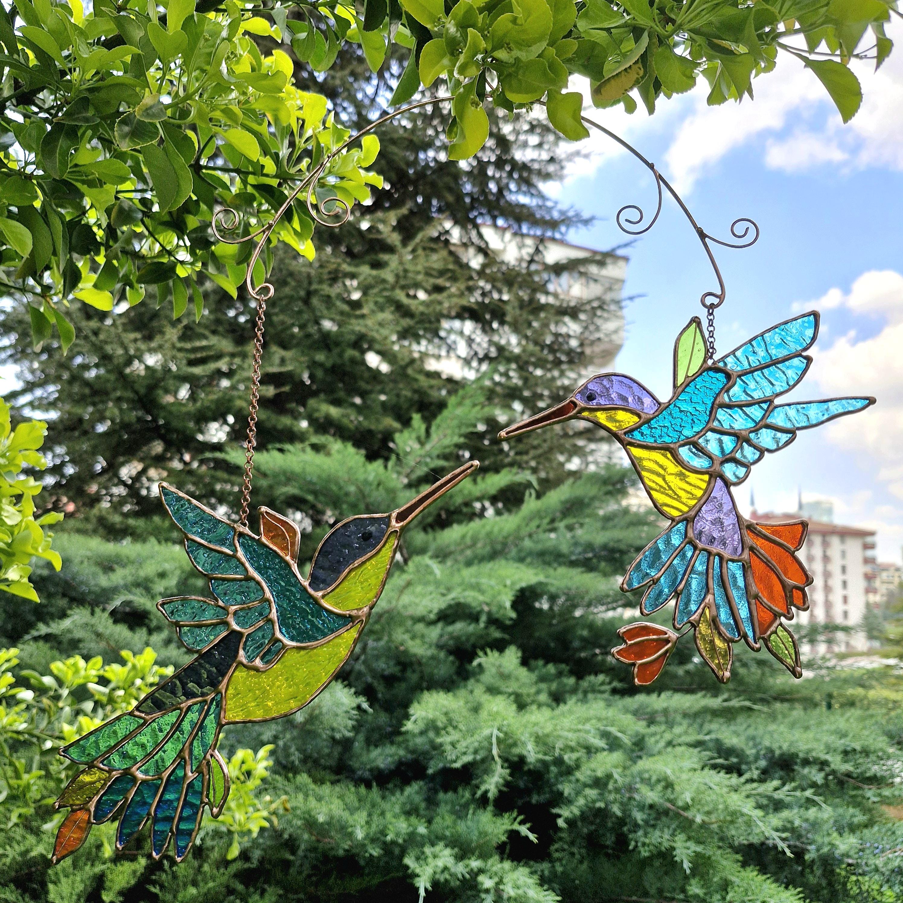 Payutou Acchiappasole in vetro colorato con motivo colibrì e fiori, per finestre, da appendere, 20 cm, dipinto a mano, pannello in vetro dipinto a