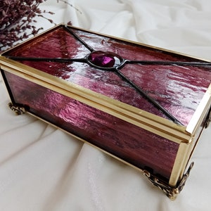 Stained Glass Plum Color Antique Style Box with Crystal, Stained Glass Jewelry Box, Glass Ring Box Stained Glass Memories Keepsake Box