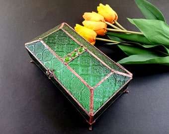 Stained Glass Antique Style Green Color Box, Stained Glass Jewelry Box, Wedding Memories Keepsake Box, Jewelry Storage, Green Glass Box