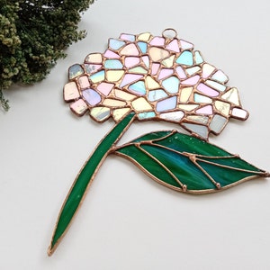 Stained Glass Hydrangea Suncatcher: Nacreous White Pink Blue Window Decor