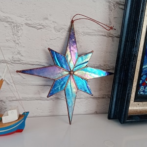 Stained Glass Blue Pole Star Hanging Suncatcher Pearlescent Iridescent, Stars for Christmas Wall Window Home Decor, Gift