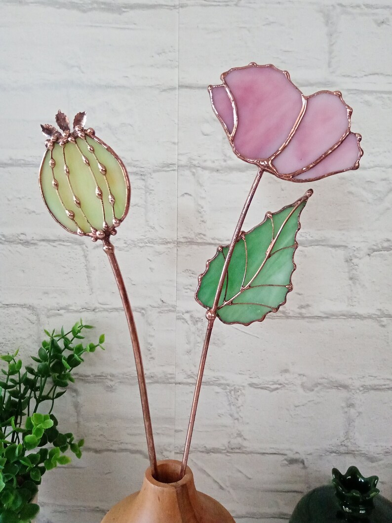Stained Glass Opium Poppy Bouquet: Pink & Green Table Decor image 7