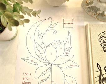 May include: A black and white line drawing of a lotus flower and crescent moon, labelled with numbers. The words "Lotus and Moon" are printed below the design. The image is on a white sheet of paper.