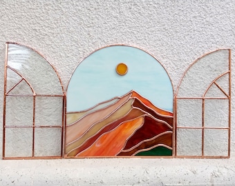 Stained Glass Mountains Landscape Panel Single or 3 Pieces, Stained Glass Mountains Hanging Suncatcher, Stained Glass Mountains and Sun