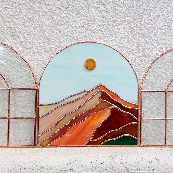 Stained Glass Mountains Landscape Panel Single or 3 Pieces, Stained Glass Mountains Hanging Suncatcher, Stained Glass Mountains and Sun