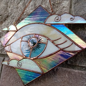 Stained Glass Eye Suncatcher, Stained Glass Blue Eye Hanging, Pearlescent Iridescent Eye Window Wall Home Decor, Gift for Her Him