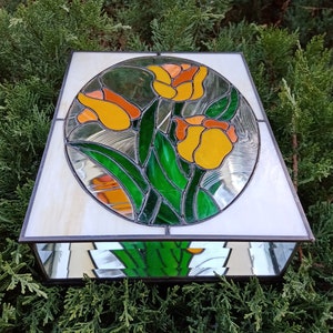 Stained Glass Box, Jewelry Box, Wedding Box, Stained Glass Orange Yellow Tulip, Wedding Ceremony Decor, Jewelry Storage, Gift for Her