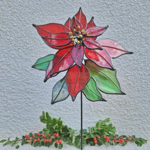 Glasmalerei-Poinsettia-Blume Suncatcher ewige rote Blumen-Tisch- Schreibtisch-Dekoration, Geschenk für Chrismast, Geschenk für ihre Mutter Muttertag