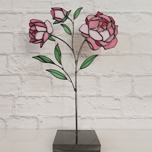 Stained Glass Everlasting Pink Peony Flower Branch Bouquet, Stained Glass Pink Peony, Flower Suncatcher