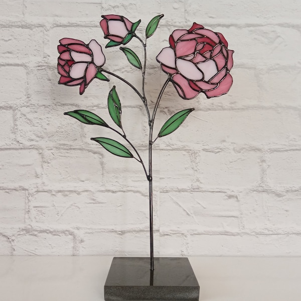 Stained Glass Everlasting Pink Peony Flower Branch Bouquet, Stained Glass Pink Peony, Flower Suncatcher