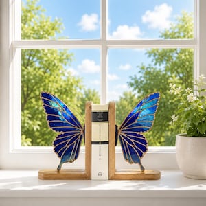 May include: A pair of bookends featuring stained glass butterfly wings in shades of blue with gold-toned metal edges, mounted on rectangular wooden bases, supporting a single book with a white spine and black text titled Sefiller II.