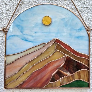 Stained Glass Mountains Landscape Panel, Stained Glass Mountains Hanging Suncatcher, Stained Glass Mountains and Sun